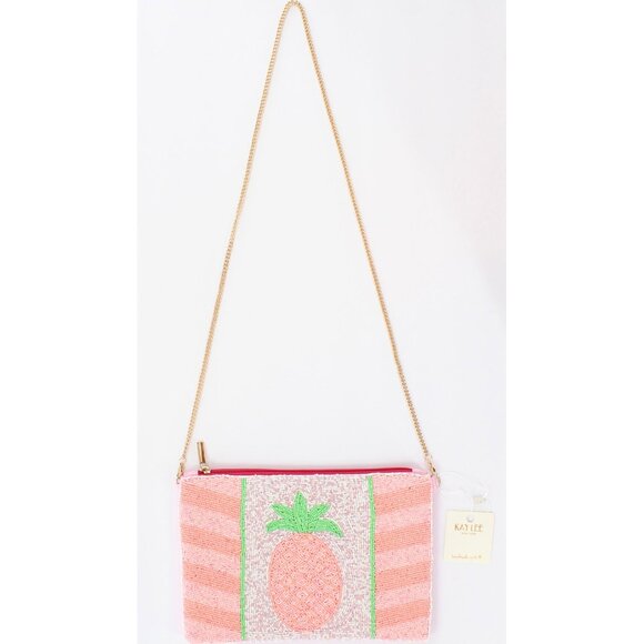 FREE EARRINGS - KAYLEE Peach/Pink Pineapple Beaded Zip Tp Clutch Crossbody NWT - Picture 3 of 6